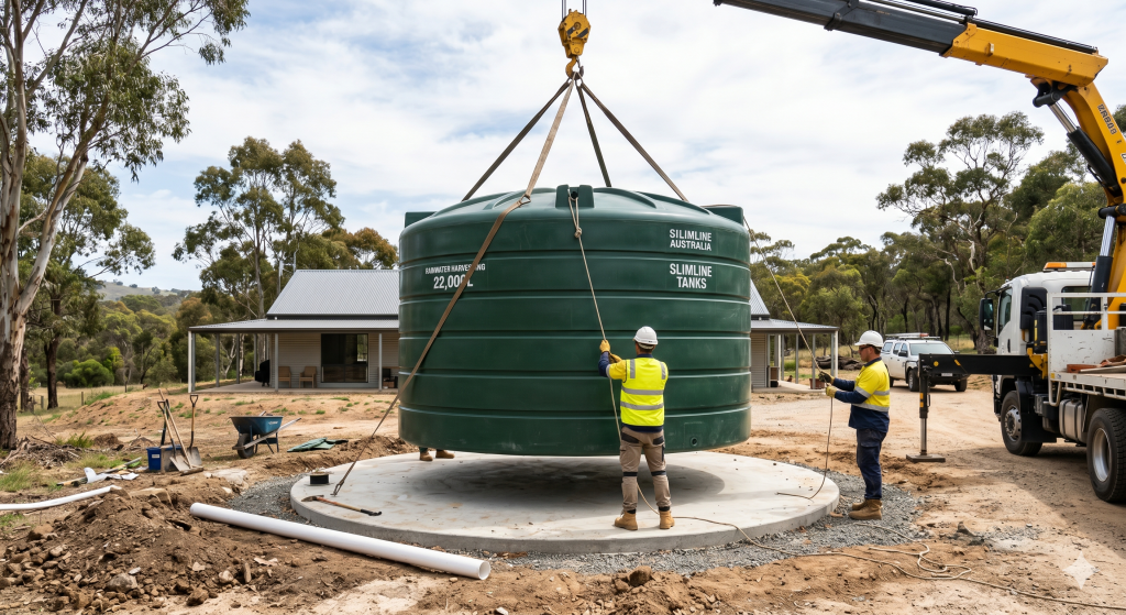 Water tank being installed onto a tank concrete pad on a property. This tank was installed in the Gold Coast Hinterland by JVK Group Plumbing.
