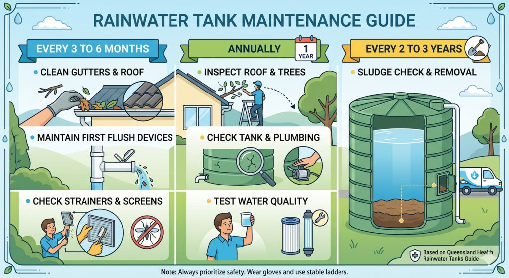 This image shows the maintenance process of a water tank including how often you need to carry out each type of maintenance on the water tank.